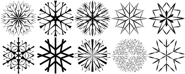 10 vector snowflakes of black color on a white background in the style of hand drawing. Set of elements for design on the theme of winter, cold, frost. Logos, icons with snowflakes.