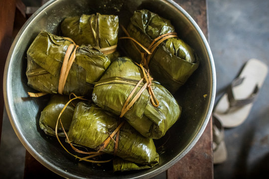 Juanes, tipical amazonic food prepared in platanos leaves. Typical jungle food with rice, chicken and dressings.   