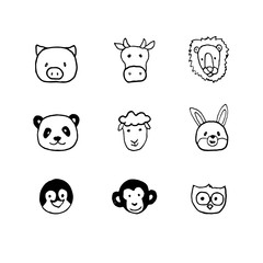 Vector set of hand drawn cartoon animals head such as pig, cow, lion, panda, sheep, rabbit, penguin, monkey and owl.