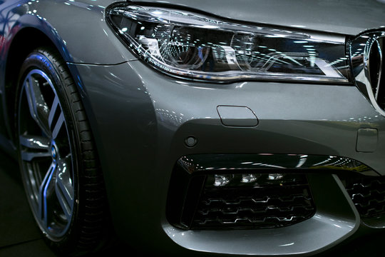 Sankt-Petersburg, Russia July 21 2017: Front view headlight of a BMW 750 (G11\G12) 7-series. Car exterior details. 