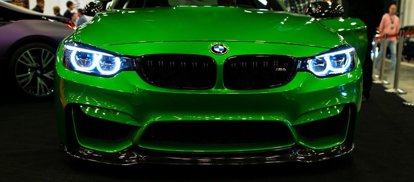 Sankt-Petersburg, Russia July 21 2017: Front view of a BMW M4 sports car. M Performance Edition. Car exterior details. 