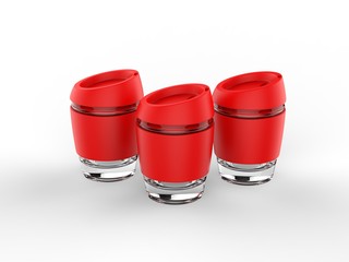 Blank Reusable Glass Coffee Mug with Silicone Lid and Silicone Sleeve For Branding. 3d render illustration.