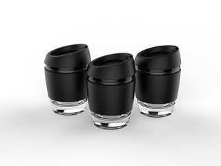 Blank Reusable Glass Coffee Mug with Silicone Lid and Silicone Sleeve For Branding. 3d render illustration.