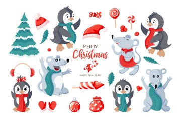 Cute penguins, mouses and items icon set isolated on white background