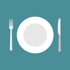 Vector illustration of flat plate, fork and knife.