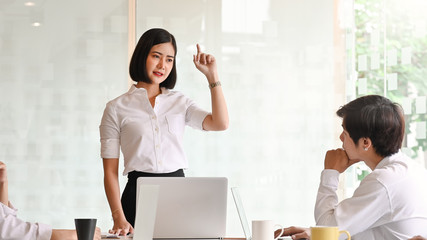 Young passionate businesswoman explaining her idea in the meeting room