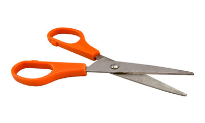 Open pair of tailor scissors with orange handle isolated on white background. Object with clipping path.