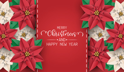 Merry Christmas and happy new year greeting card, postcard, poster with red and white poinsettia flowers on red background. Vector illustration