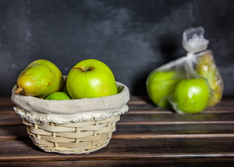 concept plastic free fruit in a plastic bag and wicker basket