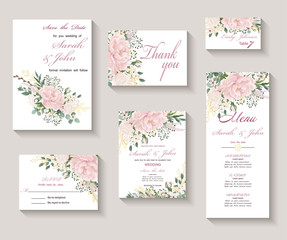 Wedding invitation with flowers Peony and leaves, watercolor, isolated on white. Vector Watercolour. - obrazy, fototapety, plakaty