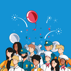 Fototapeta premium happy labor day label with group of workers