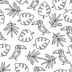 Vector seamless pattern with hand drawn outline palm leaves and toucans.