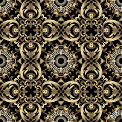 Baroque gold vector seamless pattern. Greek key meander ornamental vintage background. Round greek mandalas. Geometric shapes, flowers, leaves. Modern ornament. Repeat damask backdrop. Luxury design