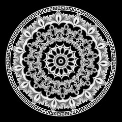 Baroque vector round mandala pattern. Ancient ornamental abstract black and white background. Geometric shapes and flowers. Decorative ornate design in Baroque style. Greek key meander floral ornament