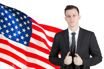 Caucasian businessman standing with American flag