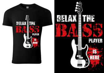 T-shirt with Musical Slogan and Bass Guitar - Modern Illustration for All Music Enthusiasts on Black Background, Vector Graphic