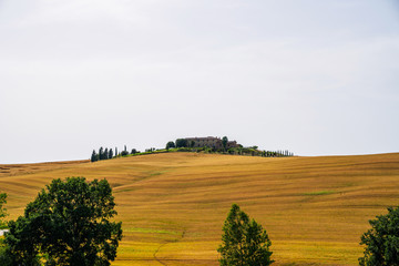 Fototapeta premium Tuscany rural sunset landscape. Countryside farm, cypresses trees, fields, sun light and cloud. Italy. Agro tour of Europe. Holiday outdoor vacation trip.