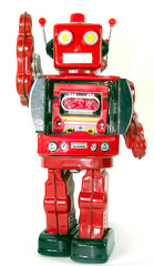 red retro robot waving isolated