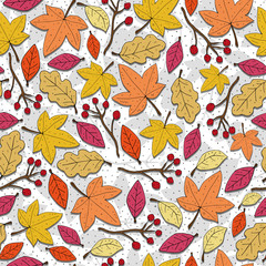 Fototapeta na wymiar Autumn seamless seasonal cartoon pattern with leaves, twigs, decorative elements. colorful vector