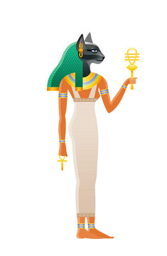 Ancient Egyptian goddess Bastet. Deity with cat head. 3d cartoon vector illustration. Old mural paint art icon from Egypt. Isolated white background. Bastet god of cosmetics, love, joy, sex, pregnancy