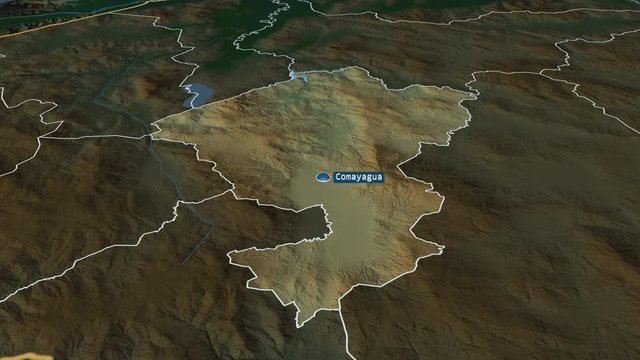 Comayagua - department of Honduras with its capital zoomed on the physical map of the globe. Animation 3D
