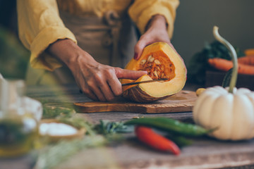 Female hands cutting pumkin on dark wooden kitchen table with vegetables cooking ingredients. © eskstock