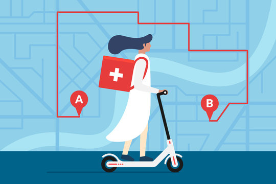 Medicine deliver pharmacy. Female doctor riding electric scooter with medical surgical sanitary box first aid on city street map plan with GPS pins and navigation route. Vector illustration