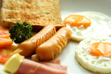 Close up American breakfast. Popular food by the hotel and restaurant in Thailand. Easy to find and delicious.