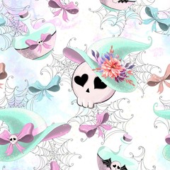 Halloween cute seamless pattern with skull, spider, pumpking, bat