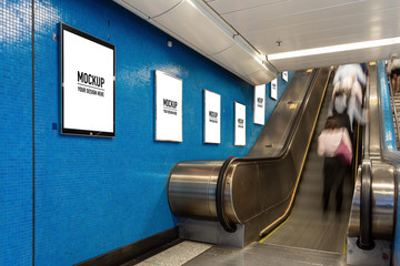 Blank billboard located in underground hall or subway for advertising, mockup concept, Low light speed shutter - 283150489