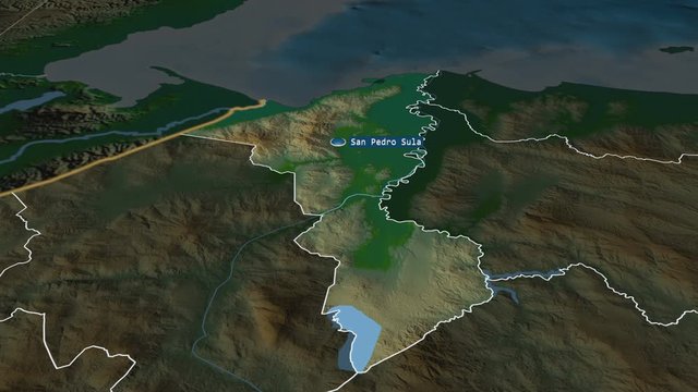 Cort&eacute;s - department of Honduras with its capital zoomed on the physical map of the globe. Animation 3D