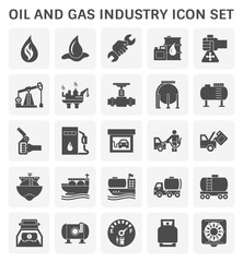 Oil and gas industry icon i.e. global process of exploration, extraction and refinery. Transport by oil tanker and pipeline. Business of petroleum product. Gas station and refuel. Vector icon set.
