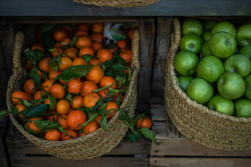 Organic vegetable and fruits stall at a farmer's market and selling fresh vegetables from garden. Bio, healthy food. Vegetarian food.