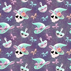 Halloween cute seamless pattern with skull, spider, pumpking, bat