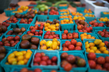 Pint baskets of organic red tomatoes on the counter. Fresh organic produce on sale at the local farmers market. Organic, agriculture products. Freshly, seasonal harvested vegetables. Bio, healthy.
