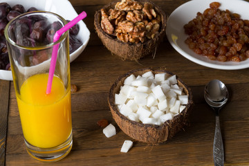 Healthy eating concept background. Top angle view of raw foods diet breakfast on wooden table.
