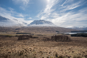 Obraz na płótnie Canvas Bright blue sky and yellow spring valley in the Scotland highlands