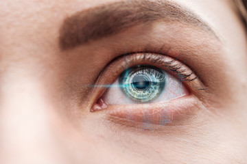 Obraz premium close up view of human green eye with data illustration, robotic concept
