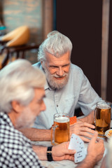 Fototapeta na wymiar Two old friends drinking beer and gambling
