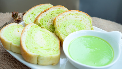 Custard bread, Homemade bakery  bright green from pandan leaves.