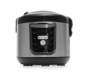 Modern electric multi cooker on white background