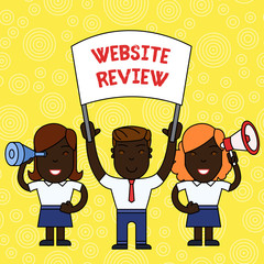 Word writing text Website Review. Business photo showcasing Reviews that can be posted about businesses and services People with Blank Banner, Megaphone and Spy Glass Peaceful Demonstration