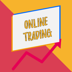Conceptual hand writing showing Online Trading. Concept meaning Buying and selling assets via a brokerage internet platform Blank rectangle above another arrow zigzag upwards sale