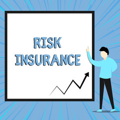 Word writing text Risk Insurance. Business photo showcasing The possibility of Loss Damage against the liability coverage View young man standing pointing up blank rectangle Geometric background