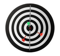 Arrows hitting target on dart board against white background