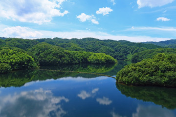 Fototapeta na wymiar 真夏のダム湖に映る空