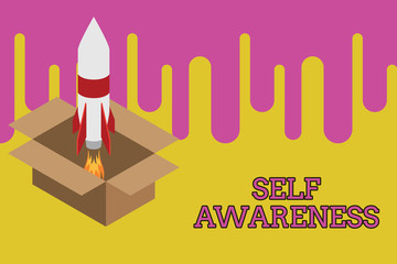 Writing note showing Self Awareness. Business concept for Consciousness of a demonstrating towards a situation or happenings Fire launching rocket carton box. Starting up project. Fuel inspiration
