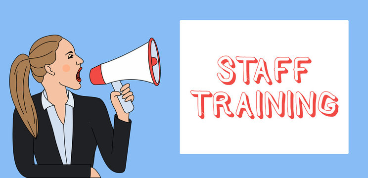 Writing note showing Staff Training. Business concept for A program that helps employees to learn specific knowledge Woman Jacket Ponytail Shouting into Loudhailer Rectangular Box