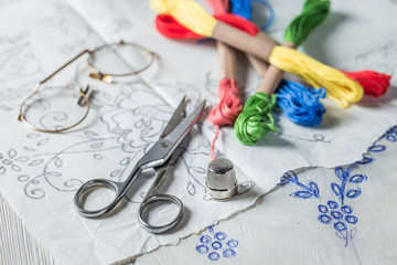 Closeup of vintage embroidered napkins with color mulina