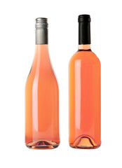 Bottles of delicious rose wine on white background. Mockup for design